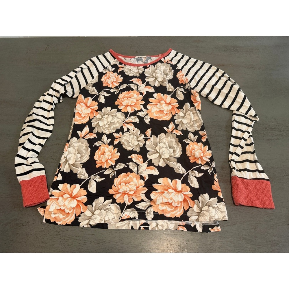 ANDTHEWHY Floral Stripe Mixed Print Raglan Top Coral Cuffs Large ATW13430-1